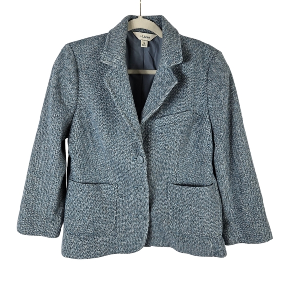 L.L. Bean Wool-Silk Blend Blue Chevron Print Buttoned Blazer - Picture 1 of 13
